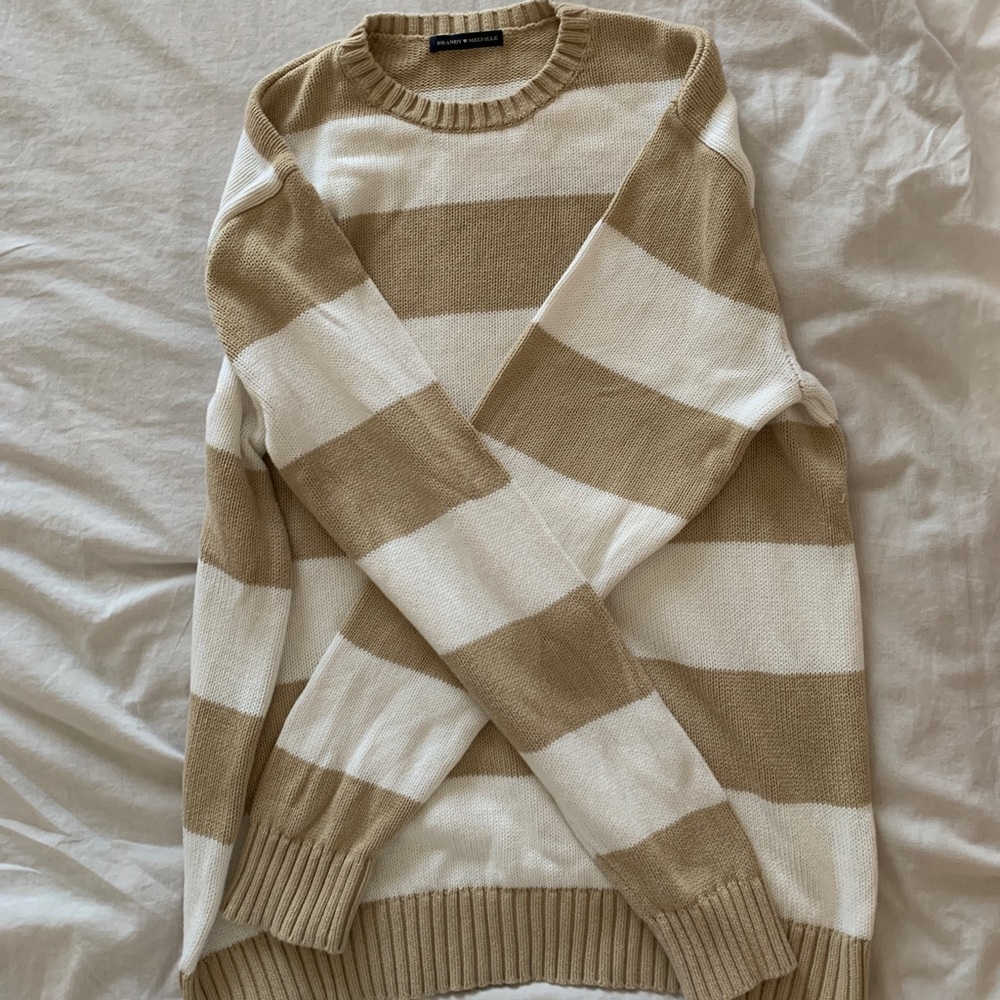 Tan and Cream Brianna Cotton Thick Stripe Sweater